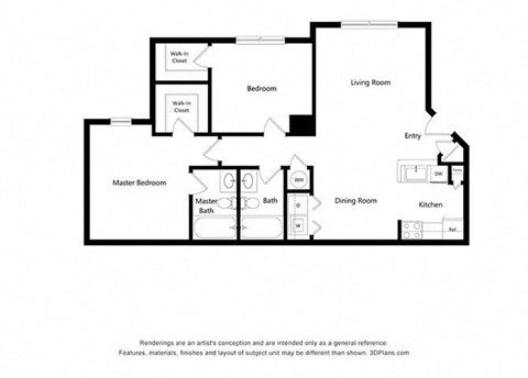 2 Bedroom Floor Plan at Vermillion Apartments, Texas, 77021